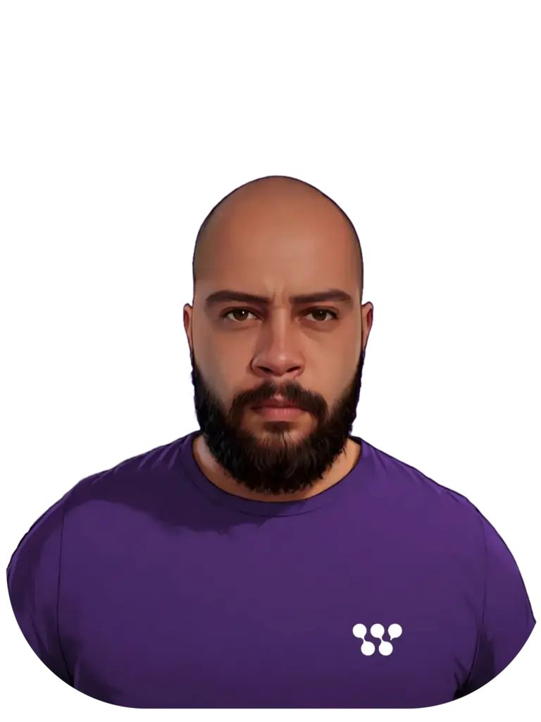 Ilustração digital de um homem com barba cheia e careca, vestindo uma camiseta roxa com um pequeno logotipo branco no peito.